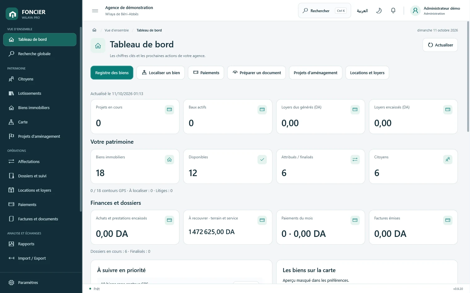 Tableau de bord FONCIER WILAYA PRO avec données de démonstration
